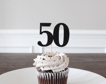50th Birthday Cupcake Toppers - Black Glitter Decorations, Adult Dessert Picks, Gender Neutral Decor, "50" Cutouts, One Dozen, 12 Count