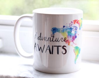 World Map Mug, Adventure Mug, Fashion Mug, Map of the World, Adventure Awaits, Coffee Mug, cute mug, watercolor mug, birthday gift for her
