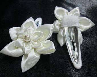 Ornated Barrette with two flowers in ivory satin for wedding or...