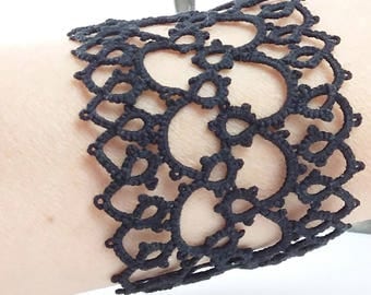 Black lace bracelet. Handmade tatting lace cuff bracelet. Cotton. Goth jewellery. Edwardian. Elegant wristband. Frivolite. Gift for her.