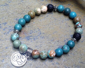 Inner Peace Heart Chakra Green Sea Sediment Jasper Gemstones and Essential Oils Diffusing Lava beads stretch Bracelet