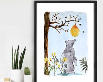 Watercolor Illustration, Bear Watercolor, Children Wall Decor, Aquarel Bear, Bear Children Illustration, Woodland Art, Bear Wall Print