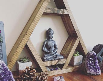 Altar shelf, THE ORIGINAL DESIGNER, chcakra, Triangle shelf, display shelf, crystal shelf, gems, crystals, wood pyramid, amythist, geode, cr