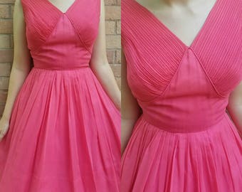 Vintage 1950s dress extra small small pink 1950s fit and flare Dior New Look Mad Men chiffon party dress women's clothing