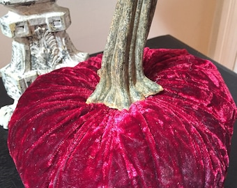 Large Maroon Crushed Velvet Pumpkin with Dried Stem