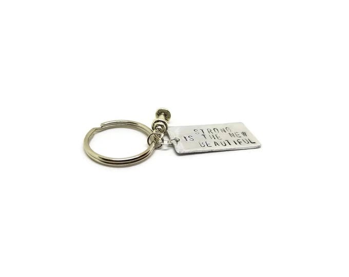 Strong is the New Beautiful Hand Stamped Key Chain, Crossfit Gift, Workout Gift, Fitness Gift, Dumbbell Charm, Gift for Her