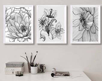 Flower Poster Set of 3 Prints Instant Download Botanical Print Flower Print Botanical Digital Set Prints Large Black and White Art Print Set
