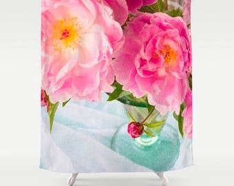 Pink Floral Shower Curtain, Peony Shower Curtain, Pink Bathroom Decor, Pink Flowers Bath Mat, Aqua Shabby Chic Botanical Print, Peony Print