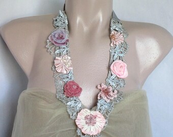 Necklace jewelry beadwork, Romantic jewelry,Hand beaded ,Bohemian art to wear,Shabby chic necklace,Unique art to wear,Original necklace