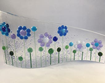 Floral Glass S Curved Plaque, Floral Candle Display, Fused Glass, Kiln Formed Glass, Home Decor, Gift for her, Birthday Gift, Wedding Gift