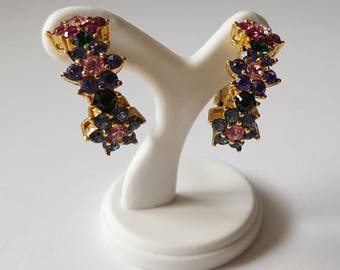 Vintage Joan Rivers Rhinestone Clip Earrings, Colored Crystal Earrings, Floral Hoop Earrings, Signed Joan Rivers