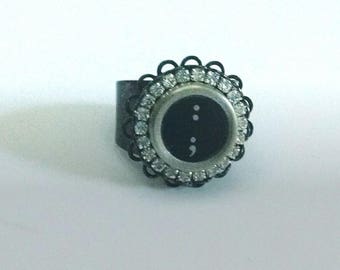 Typewriter Key Ring with Semicolon and Colon Punctuation, Vintage Black Typewriter Key with Crystal Cupchain Trim, Adjustable Gunmetal Ring