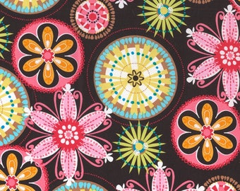 27" REMNANT - Carnival Bloom by Michael Miller Fabrics, #CX3028, Large Pink, Yellow, Orange, Brown, White, Blue, Green Flowers on Dark Brown