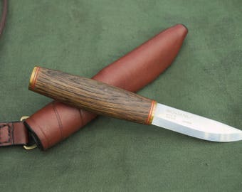 Mora Puukko Neck Knife. Carbon Steel Scandinavaian Grid Blade. Custom Handmade Smoked Oak Handle. Handmade Neck Carry Knife Sheath