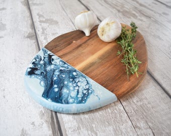 Blue White Cutting Board - Mum Gift - Small Chopping Board - Small Wooden Board - Blue Home - White Kitchenware - Foodie Gift - Abstract Art