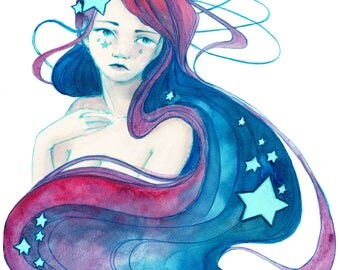 Art Print - Galaxy Hair - Woman with Stars in her Hair