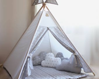 Kids teepee gray stars - Playhouse - Play tent - Kids gift - Baby gift - Childrens gift - Girls teepee - Nursery decor