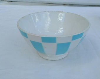 Vintage French café au lait bowl, turquoise check, Digoin mid century.