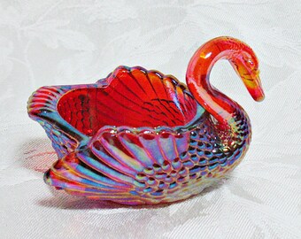 Boyd's Crystal Art Glass Swan - Ruby Carnival Glass Salt Dip