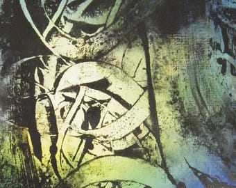 Art abstrait contemporain - Encres sur papier "Peinture abstraite" Oeuvre originale - Volutes bleu-vert - Impression encre
