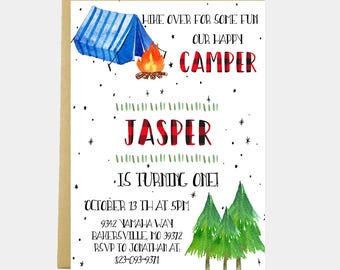 Camping Invitation, Camp Birthday Invitation, Hiking, Tent, Campfire, Rustic Birthday, Forest, Woods, Camping Party, Printable or Printed