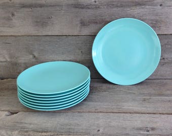 Set of 8 vintage aqua melamine dessert plates | aqua melmac