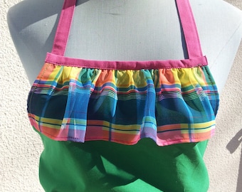 Lawn apron has bib spring green and Pink Plaid ruffles has multi color two pockets