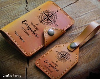 Leather Passport Cover/Passport cover + Luggage Tag/Free Personalized Passport Case/Leather Gift/Travel Set