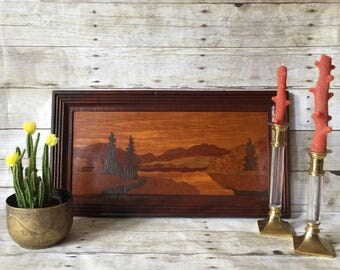 Wood Inlay Landscape Marquetry Vintage Folk Art