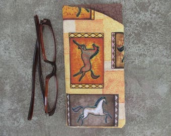 Eyeglass Case/ Eyeglass Holder/Fabric Eyeglass Case/ Brown Yellow Orange Horses