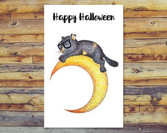 Halloween Cat Printable Card, Tortoiseshell Cat Halloween Card, Blank Card, Digital Download, Happy Halloween, Cute Tortoise Shell Cat