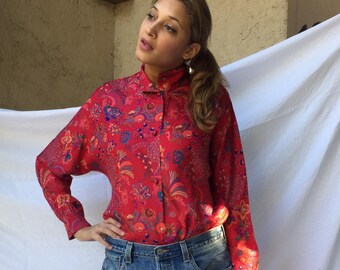 80s Anne Klein Red Floral Silk Batwing Blouse | S M L