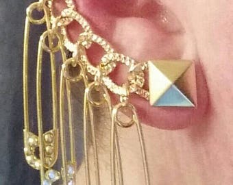 Harley Quinn Earrings with Laser Cut Chain, 3 Gold Octogon and 2 CZ Embellished Safety Pins!