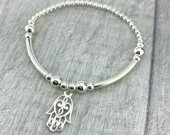 Silver Hamsa Bracelet/Hamsa Hand Bracelet/Hand of Fatima Bracelet/Sterling Silver Hamsa Bracelet/Sterling Silver Stretch Bracelet/Bohemian