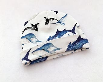 Organic Baby Beanie 0-3M-Baby Boy Beanie-Nautical Baby Outfit-Hipster Baby-Blue Whale Print, Whale Shark