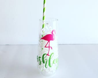 Personalized Stemless PLASTIC Flamingo Champagne Flute - Bridal - Bachelorette - Shower - Tossware -Wedding Flutes - Champagne Flutes Flute