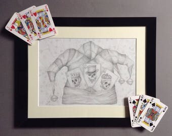 Original Joker/Jesters hat with Ace, King & Queen playing cards with skull.