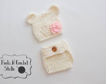 Newborn bear outfit, newborn bear hat, newborn bear beanie, newborn crochet outfit, newborn girl crochet outfit, newborn girl outfit