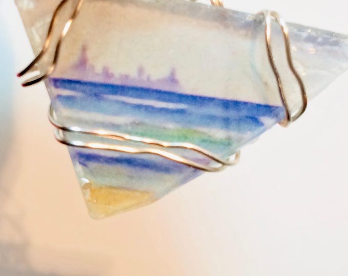 Cool Beach Glass pendant - Wire Wrap Beach Scene Beach Glass -Lake Michigan - Chicago Skyline - 18" Sterling Silver Chain