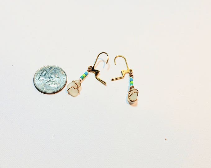 Cute tiny pieces of white beach glass with blue and green beads earrings gold color wire wrap