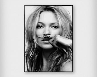 Kate Moss Moustache Print | Fashion | Black - White | Photography - Model - Poster