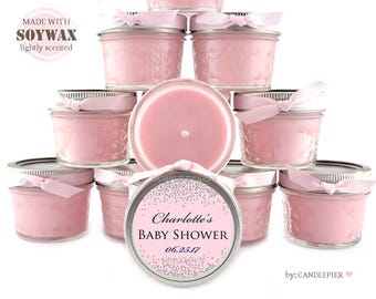 12 ct Silver and light pink baby shower favors, 4 oz personalized soy candles, gender reveal party favors, new baby, confetti design