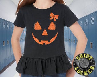 Orange Glitter Pumpkin Face for Girls Trendy Youth Ruffle Tee Shirt Funny Halloween Shirt Jack O' Lantern with Bow