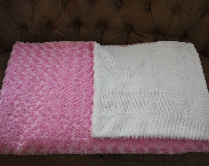 Minky Blanket Girl, Chevron Blanket, Large Minky Throw Blanket, Pink Minky Throw, White Chevron Faux Fur, Gift for Her, Ready to Ship
