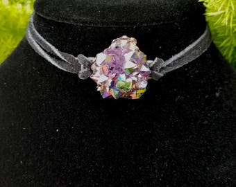Aura Rainbow Titanium Amethyst Flower Choker, Amethyst Choker, Aura Crystal Choker