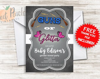 Guns or Glitter Gender Reveal Party Invite 5x7 Digital Personalized Gender Reveal Invitation, Glitter or Guns, Pink or blue