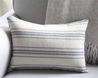 12x16 Beige, Blue Ticking Grain Sack, Front and Back, Pillow Cover, Lumbar Pillow, Farmhouse Pillow, Chair Pillow, Neutral Nursery Pillow