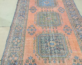 Oushak rug runner, Turkish rug ,faded muted colored decorative rug home of vintage rug, boho rug ,vintage oushak rug,140x354/4'5x11'6