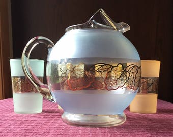 Vintage Frosted Glass Juice Set with Gold Leaf Design Pitcher and 4 Glasses