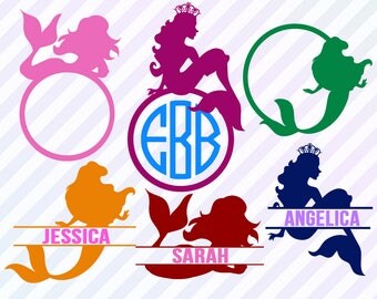 Mermaid SVG monogram, Mermaid silhouette vector,Dxf & Eps files, Mermaid monogram cutfile for silhouette/cricut cutting, Circle Monogram Svg